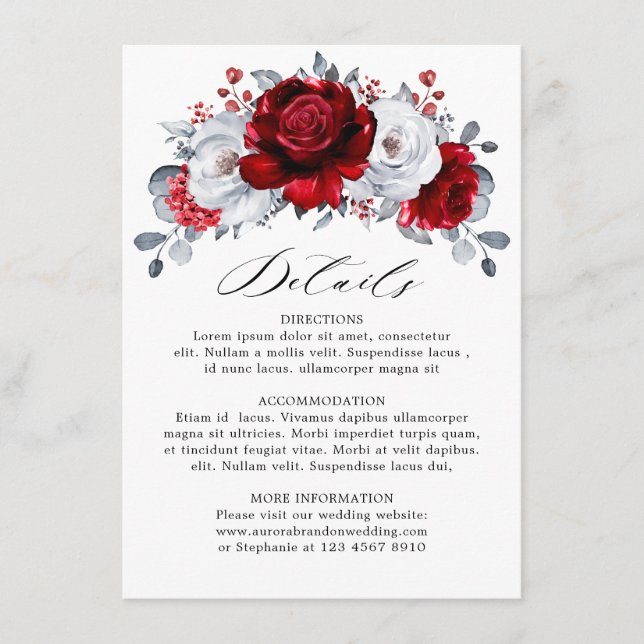Royal Red White Silver Metallic Floral Wedding Enclosure Card (Front)