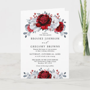 Royal Red White Silver Metallic Floral Wedding Invitation