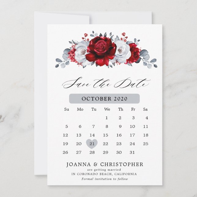 Royal Red White Silver Metallic Floral Wedding Save The Date (Front)