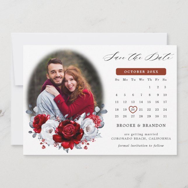 Royal Red White Silver Metallic Photo Calendar  Save The Date (Front)
