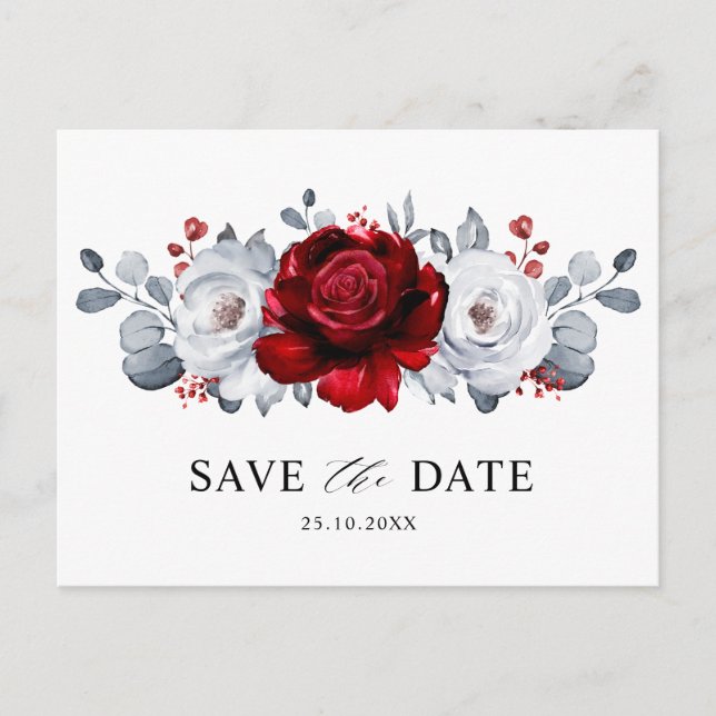 Royal Red White Silver Metallic Save the date      Postcard (Front)