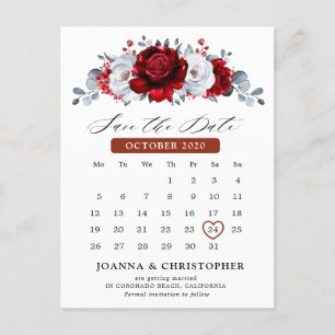 Royal Red White Silver Metallic  Save the Date Postcard