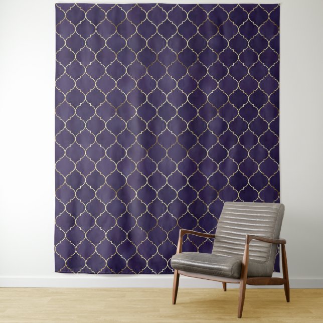 Royal Rhythms: Purple Andalusian Moroccan Geometry Tapestry (In Situ)