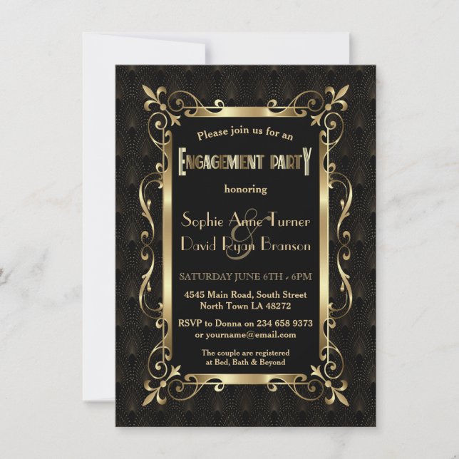 Royal Roaring 20s Gold Art Deco Engagement Party Invitation (Front)