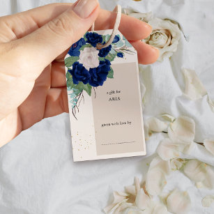 Royal Rose Navy Blue Ivory Floral Display Shower Gift Tags