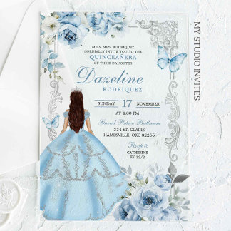 Royal Silver Light Blue Princess Quinceañera Acrylic Invitations