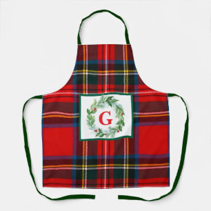 Royal Stewart Christmas MONOGRAM Plaid Wreath Apron