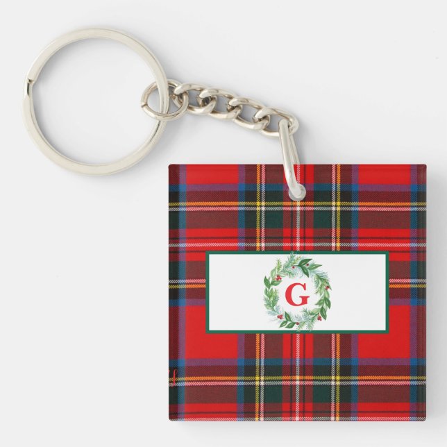 Royal Stewart Christmas MONOGRAM Plaid Wreath  Key Ring (Front)