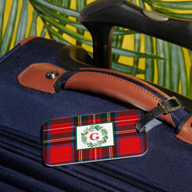 Royal Stewart Christmas MONOGRAM Plaid Wreath  Luggage Tag (Front Insitu 3)