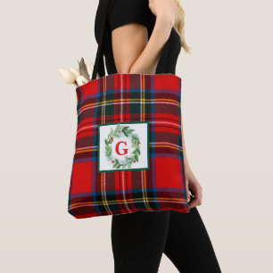Royal Stewart Christmas MONOGRAM Plaid Wreath  Tote Bag