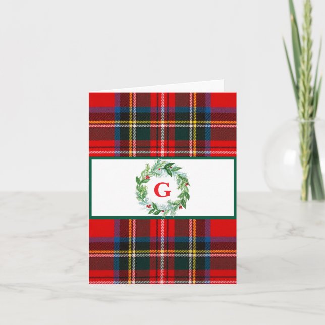 Royal Stewart Christmas Plaid MONOGRAM Wreath  Card (Front)