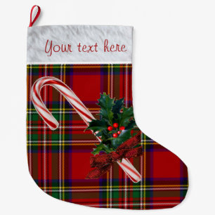 Royal Stewart Plaid Candy Cane & Holly Custom Large Christmas Stocking