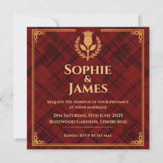 Royal Stewart Red Tartan & Gold Wedding Invitation