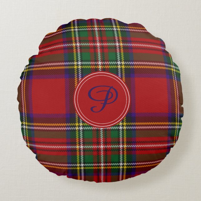 Royal Stewart Tartan Plaid Custom Monogram Round Cushion (Front)