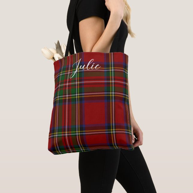 Royal Stewart Tartan Red Green Plaid Pattern Tote Bag (Close Up)