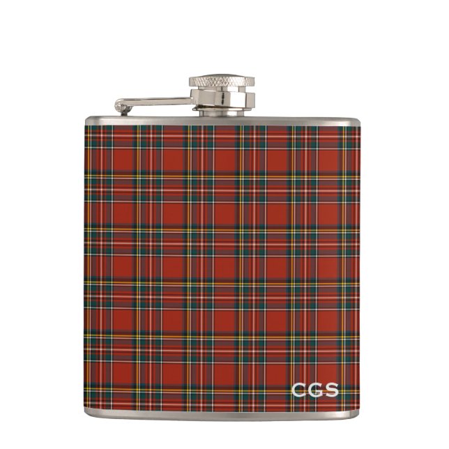Royal Stewart Tartan Red Scottish Plaid Monogram Hip Flask (Front)