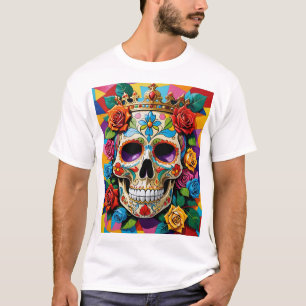 Royal Sugar Skull Art T-Shirt with Colourful Roses