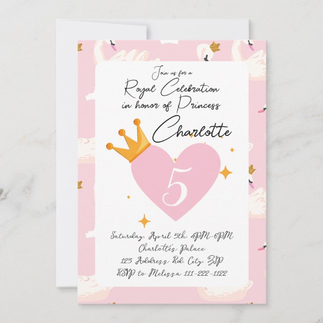 Royal Swan Princess Pink Girl Birthday Party Invit Invitation (Front)