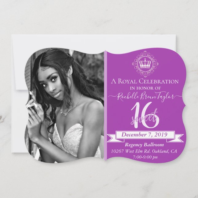 Royal Sweet 16 Magenta Purple Elegant Photo Invitation (Front)