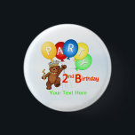 Royal Teddy Bear 2nd Birthday Party 3 Cm Round Badge<br><div class="desc">A fun 2nd birthday party button featuring a prince of a teddy bear all decked out in a colourful jewelled crown holding a bunch of colourful balloon with letters on them that spell out PARTY. Personalise text to fit your needs or delete and write guest's name on buttons with permanent...</div>