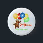 Royal Teddy Bear 2nd Birthday Party 3 Cm Round Badge<br><div class="desc">A fun 2nd birthday party button featuring a prince of a teddy bear all decked out in a colourful jewelled crown holding a bunch of colourful balloon with letters on them that spell out PARTY. Personalise text to fit your needs or delete and write guest's name on buttons with permanent...</div>
