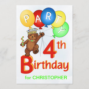 Royal Teddy Bear 4th Birthday Party Invitation