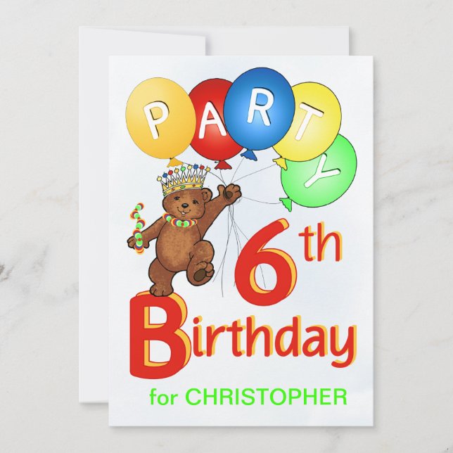 Royal Teddy Bear 6th Birthday Party Invitation (Front)
