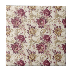 Royal Victorian Roses - Burgundy Floral Pattern Ceramic Tile