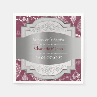 Royal Vintage Lace Personalised Burgundy Silver Napkin