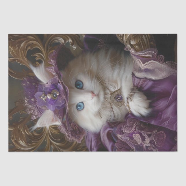 Royal Vintage Lace White Cat Decoupage  Tissue Paper (Front)