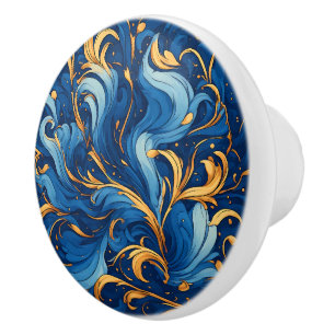 Royal Waves of Whimsy Swirls of Blue & Gold Ceramic Knob