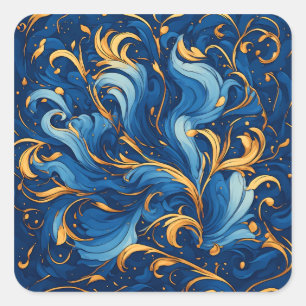 Royal Waves of Whimsy Swirls of Blue & Gold Square Sticker