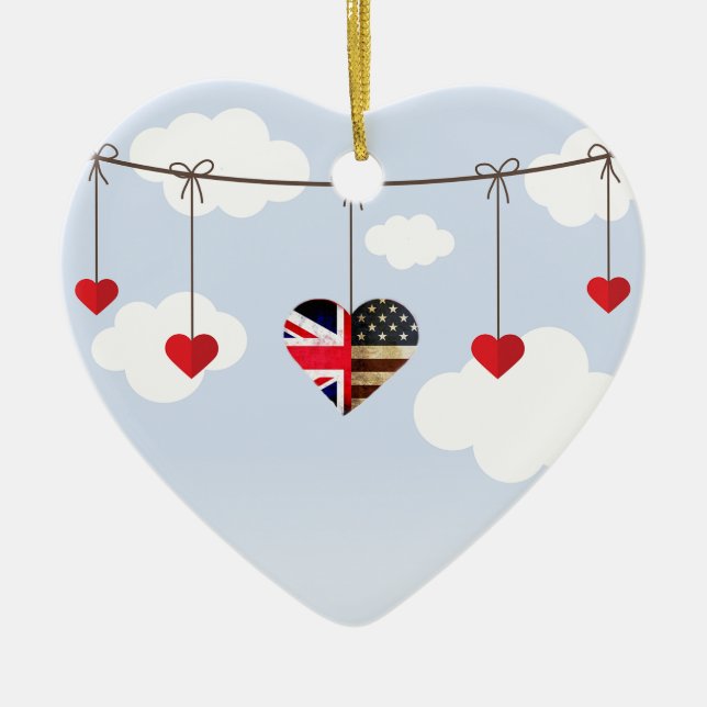 Royal Wedding British and American flag hearts Ceramic Tree Decoration (Front)