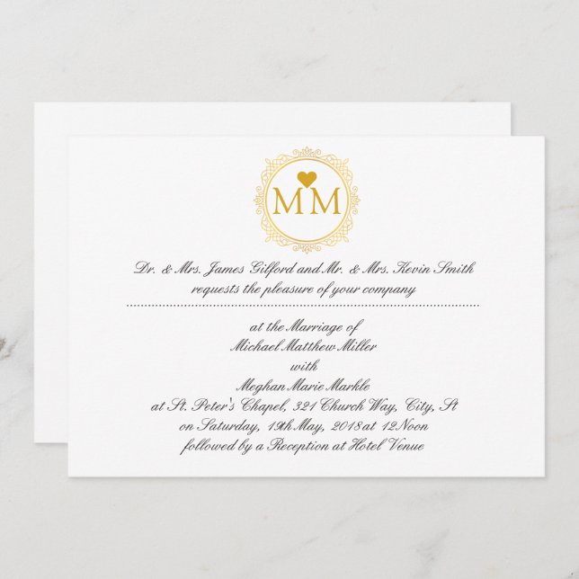Royal Wedding Invitation | Monogram Gold Script (Front/Back)