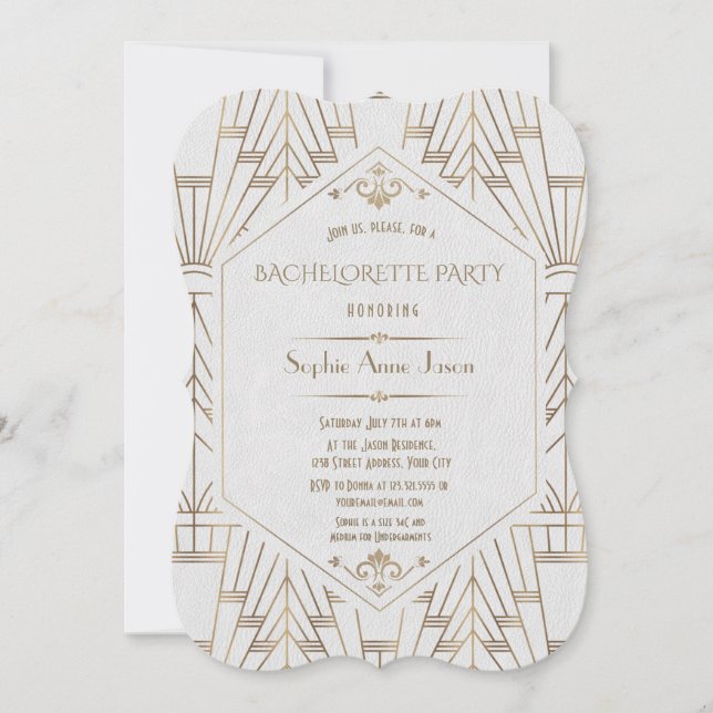 Royal White Gold Great Gatsby Bachelorette Party Invitation (Front)