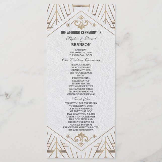 Royal White Gold Great Gatsby Wedding Program (Front)