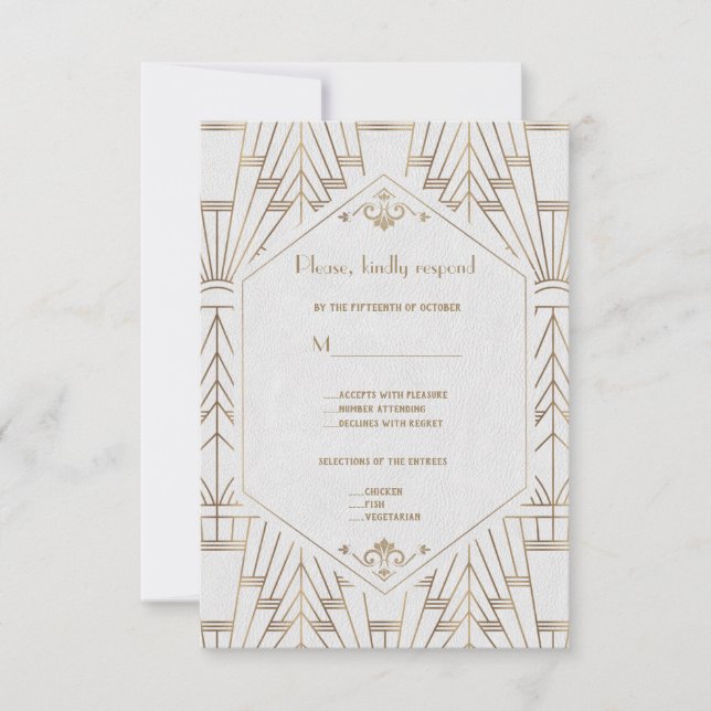 Royal White Gold Great Gatsby Wedding RSVP (Front)
