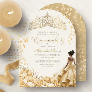 Royal Yellow Gold Crown Floral Quinceanera Invitation