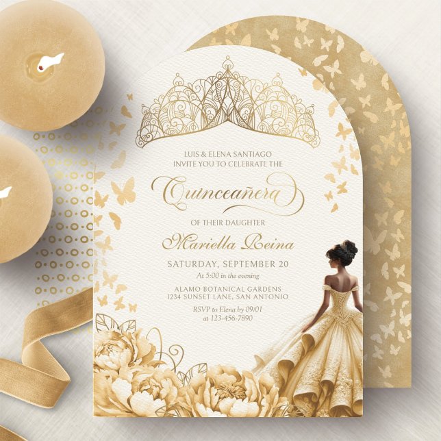 Royal Yellow Gold Crown Floral Quinceanera Invitation (Creator Uploaded)