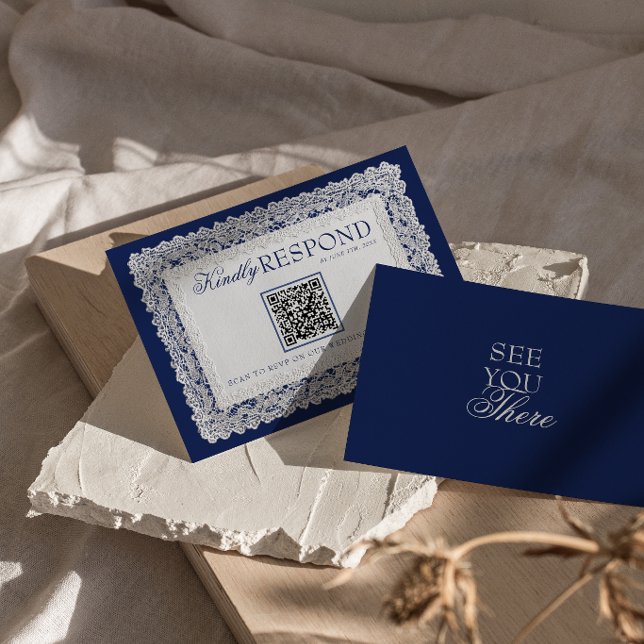 Royale Blue Lace Doily Old Money QR Code Wedding RSVP Card (Creator Uploaded)