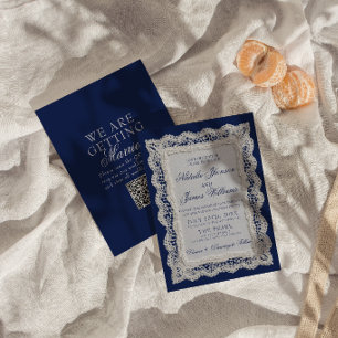 Royale Blue Lace Old Money Doily QR Code Wedding Invitation