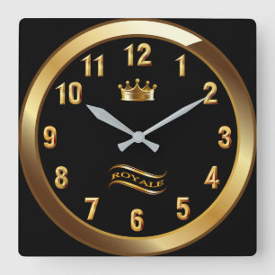 Royale Crown Classic ~ Gold On Black ~ Unique ~ Square Wall Clock