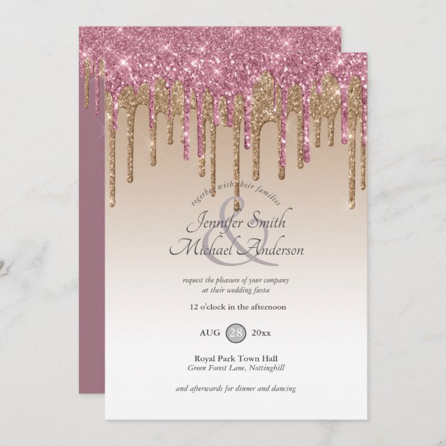 RoyalElegance PINK GOLD Dripping Glitter Wedding Invitation (Front/Back)