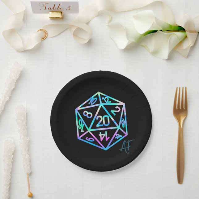 RPG Crit AF | Holo Retro PnP Tabletop Gamer Dice Paper Plate (Wedding)