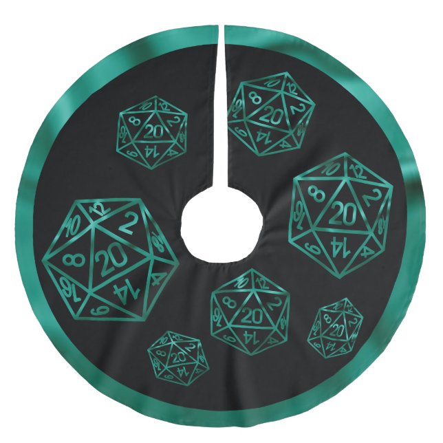 RPG Critmas | Teal Green Tabletop Retro Gamer Dice Brushed Polyester Tree Skirt (Front)