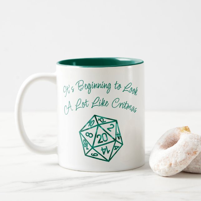 RPG Critmas | Teal Green Tabletop Retro Gamer Dice Two-Tone Coffee Mug (With Donut)