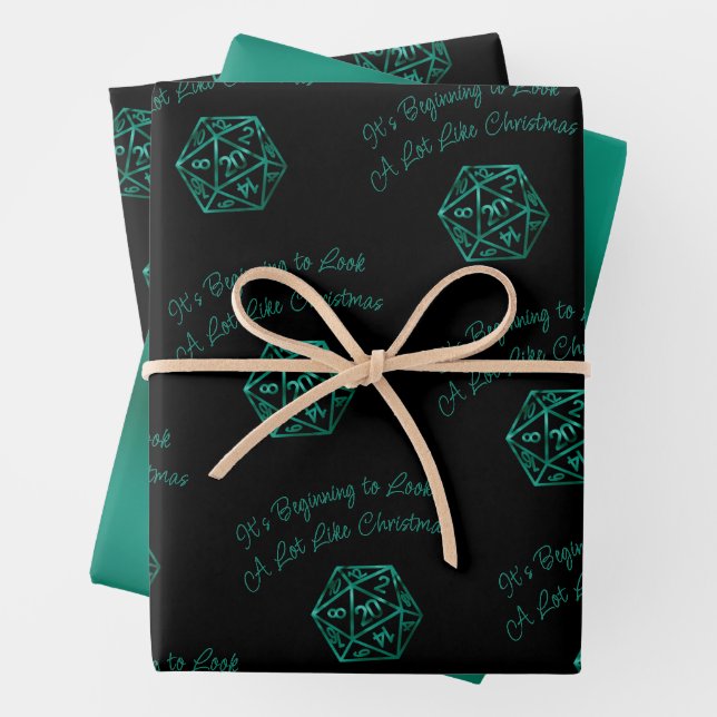 RPG Critmas | Teal Green Tabletop Retro Gamer Dice Wrapping Paper Sheet (In situ)