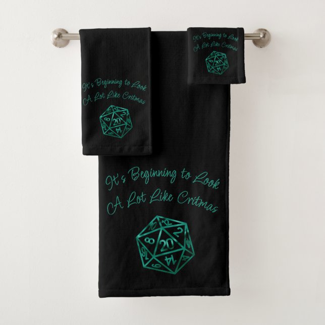 RPG Critmas | Teal Green Tabletop Roleplayer Dice Bath Towel Set (Insitu)