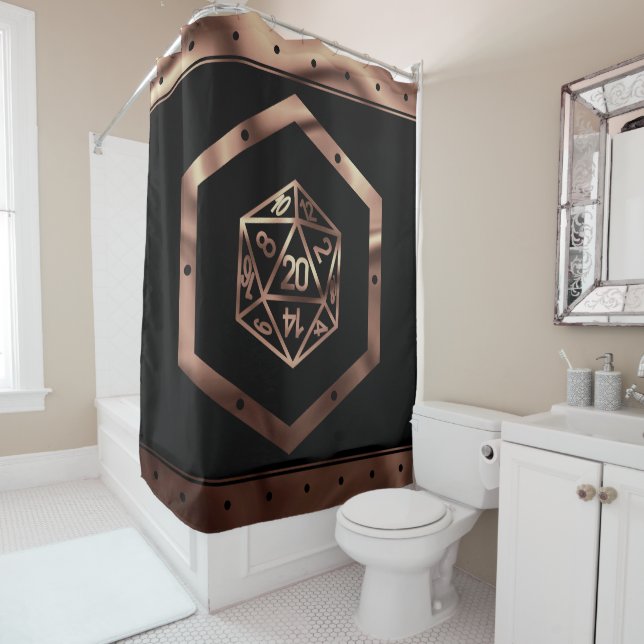 RPG Dice | Copper Fantasy Retro Tabletop PnP Gamer Shower Curtain (In Situ)