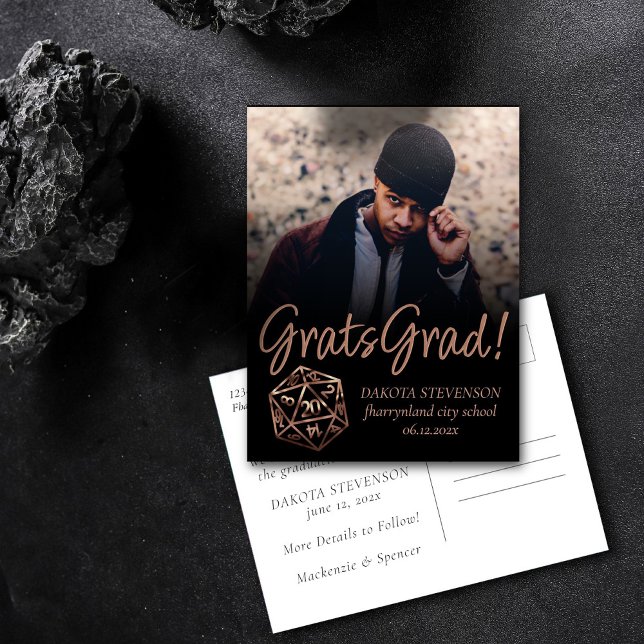RPG Dice | Copper Tabletop Gamer Photo Graduation Announcement Postcard (Creator Uploaded)
